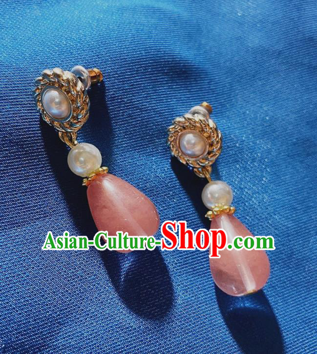 Handmade Chinese Classical Court Eardrop Cheongsam Ear Accessories Ancient Hanfu Pink Stone Earrings