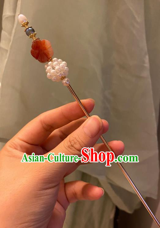 Chinese Ancient Court Empress Pearls Hairpin Handmade Hanfu Hair Accessories Agate Hair Clip