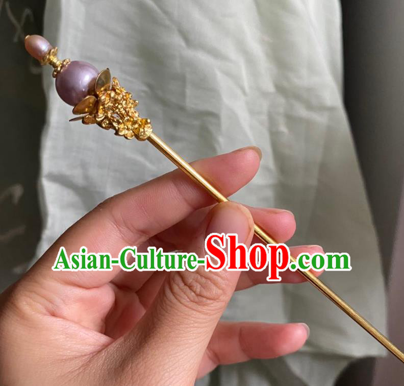 Chinese Ancient Court Golden Hairpin Handmade Hanfu Hair Accessories Qing Dynasty Pink Pearls Hair Clip