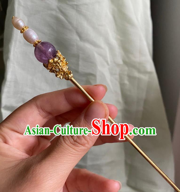 Chinese Ancient Court Amethyst Hairpin Handmade Hanfu Hair Accessories Qing Dynasty Pearls Hair Clip