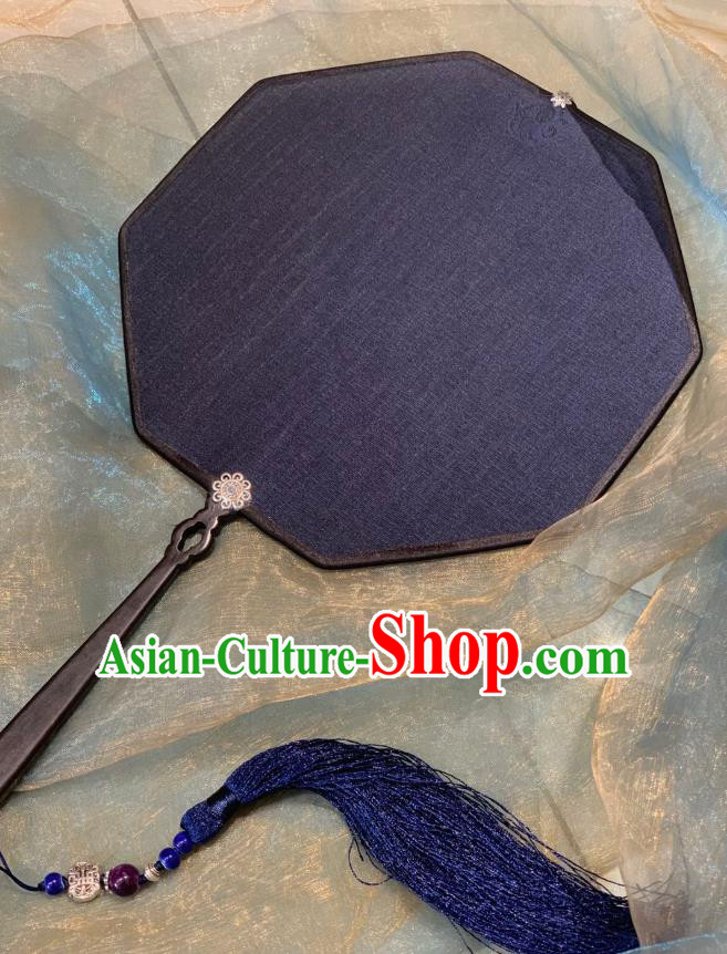 Chinese Classical Hanfu Princess Octagon Fan Ancient Song Dynasty Wedding Palace Fans Navy Silk Wedding Fans