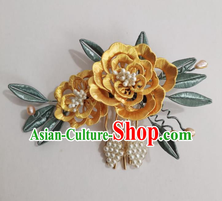 Chinese Classical Ancient Princess Golden Silk Peony Hair Comb Women Hanfu Hair Accessories Handmade Qing Dynasty Pearls Hairpin