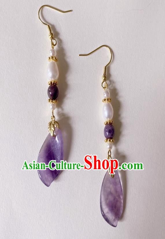 Handmade Chinese Classical Cheongsam Pearls Ear Accessories Eardrop Ancient Hanfu Amethyst Earrings