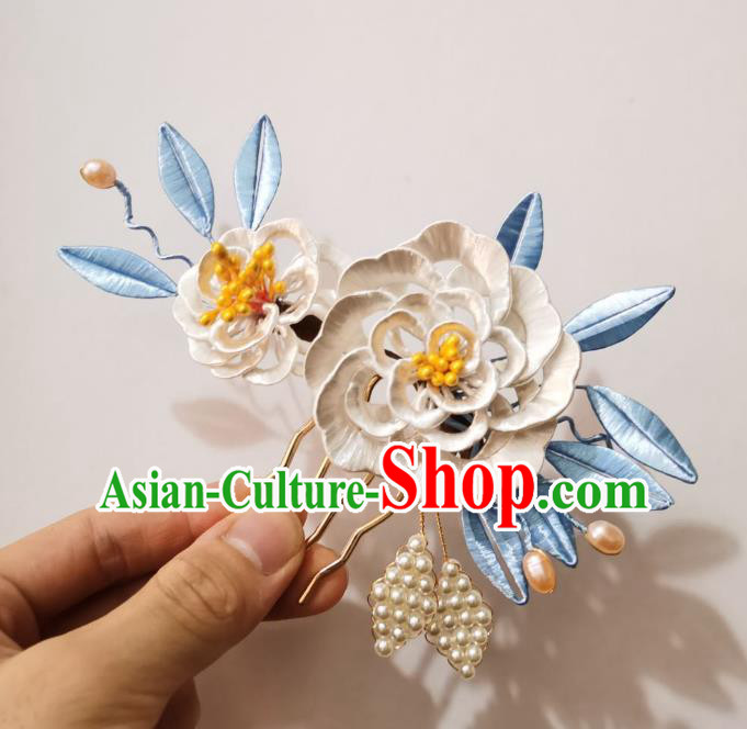 Chinese Classical Ancient Princess White Silk Peony Hair Comb Women Hanfu Hair Accessories Handmade Qing Dynasty Pearls Hairpin