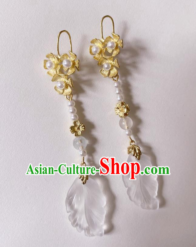 Handmade Chinese Classical Golden Eardrop Cheongsam Pearls Ear Accessories Ancient Hanfu White Leaf Earrings