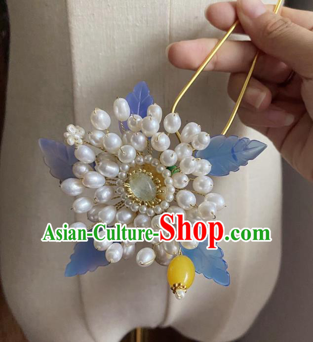 Chinese Classical Ming Dynasty Hair Clip Women Hanfu Hair Accessories Handmade Ancient Princess Pearls Flower Hairpin