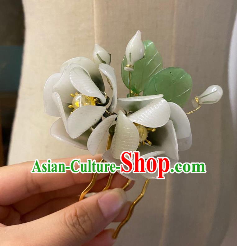 Chinese Classical Ming Dynasty White Camellia Hair Comb Women Hanfu Hair Accessories Handmade Ancient Princess Flowers Hairpin