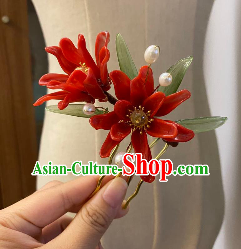 Chinese Classical Red Lily Flowers Hair Comb Women Hanfu Hair Accessories Handmade Ancient Ming Dynasty Princess Hairpin