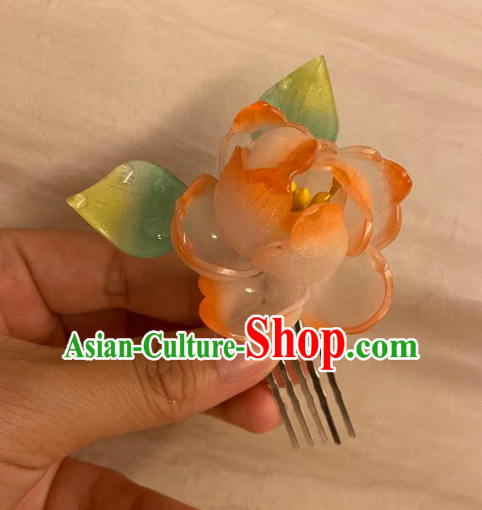 Chinese Ancient Palace Lady Rose Hairpin Hanfu Hair Accessories Handmade Orange Flower Hair Comb