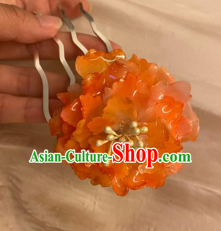 Chinese Ancient Palace Lady Flowers Hairpin Hanfu Hair Accessories Handmade Orange Peony Hair Comb