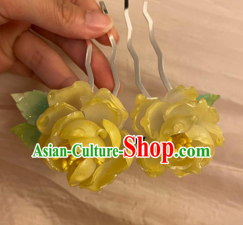 Chinese Ancient Palace Lady Peony Hairpin Hanfu Hair Accessories Handmade Yellow Flowers Hair Comb