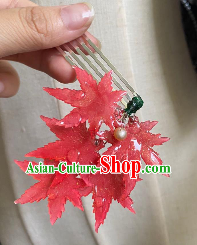 Chinese Ancient Palace Lady Red Maple Leaf Hairpin Hanfu Hair Accessories Handmade Argent Hair Clip