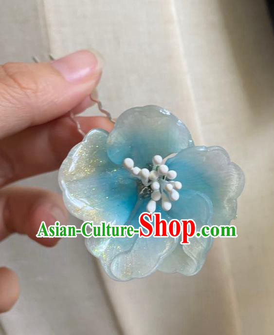 Chinese Ancient Palace Lady Argent Hairpin Hanfu Hair Accessories Handmade Blue Peach Blossom Hair Clip