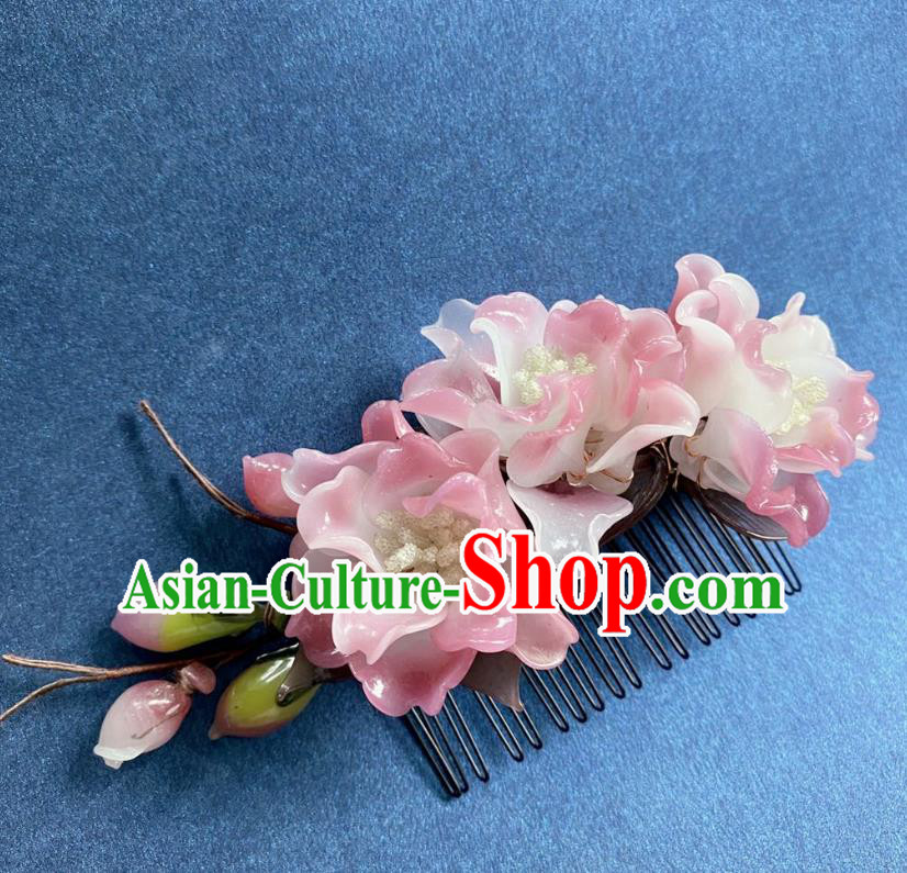 Chinese Classical Pink Peony Hair Comb Women Hanfu Hair Accessories Handmade Ancient Song Dynasty Princess Flowers Hairpin