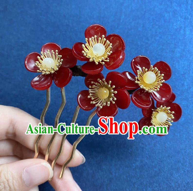 Chinese Classical Red Plum Hair Comb Handmade Ancient Song Dynasty Hairpin Women Hanfu Hair Accessories