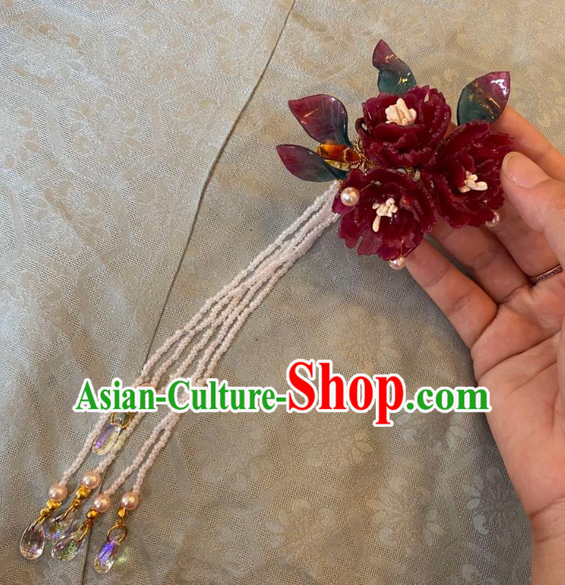 Chinese Women Classical Long Tassel Hair Claw Handmade Ancient Princess Hanfu Hair Accessories Red Flowers Hairpin