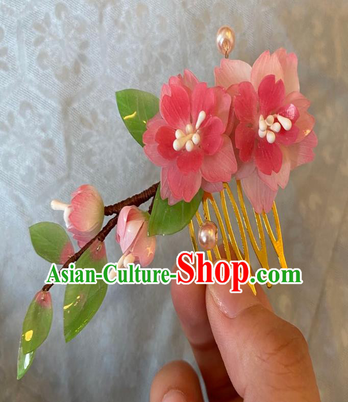 Chinese Women Classical Pink Flowers Hair Comb Handmade Ancient Princess Hanfu Hair Accessories Hairpin