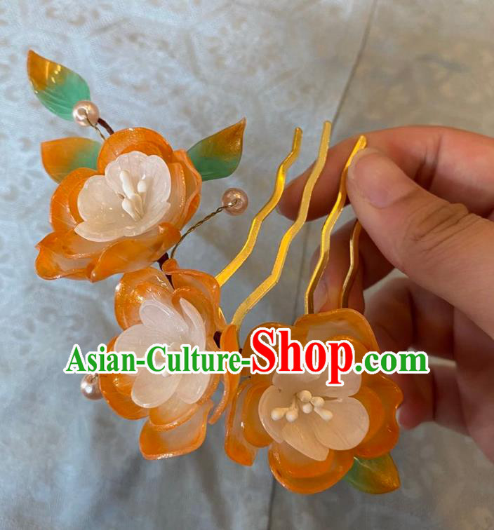 Chinese Women Classical Handmade Ancient Princess Hanfu Hair Accessories Hairpin Orange Flowers Hair Comb