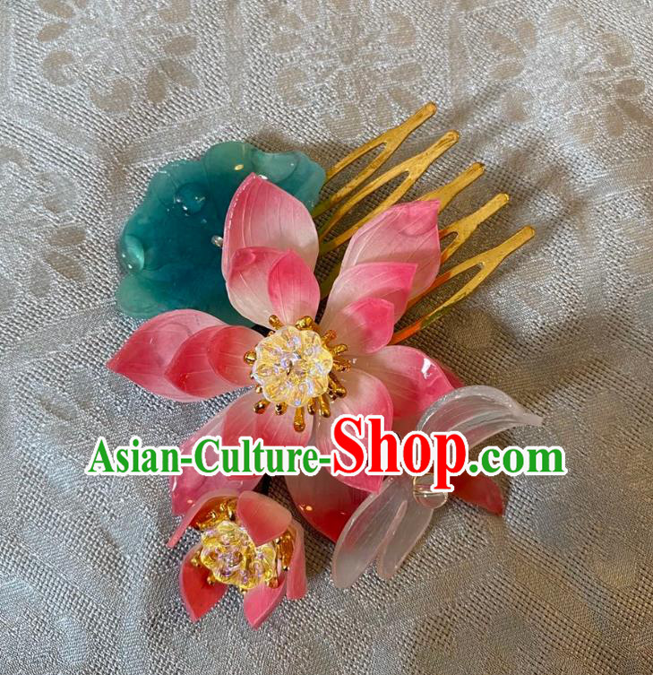 Chinese Women Classical Hairpin Handmade Ancient Princess Hanfu Hair Accessories Pink Lotus Hair Comb