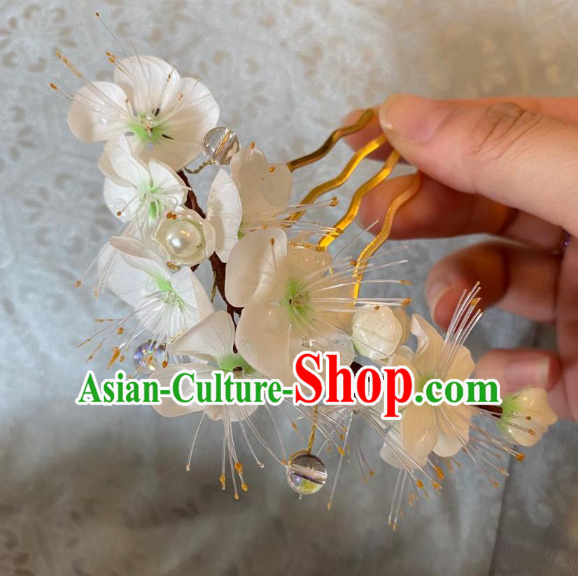 Chinese Women Classical White Flower Hairpin Handmade Ancient Princess Hanfu Hair Accessories Hair Comb