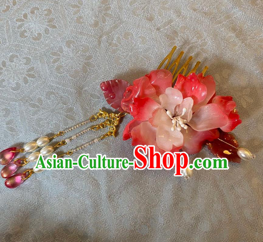 Chinese Women Classical Pearls Tassel Hairpin Handmade Ancient Princess Hanfu Hair Accessories Red Flower Hair Comb
