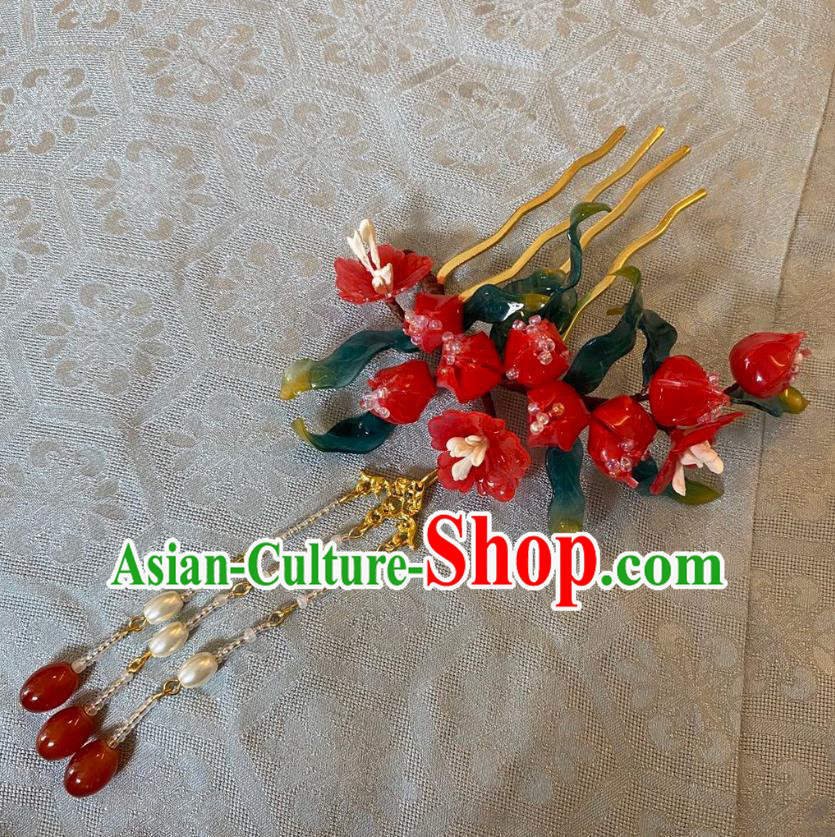 Chinese Women Classical Agate Tassel Hairpin Handmade Ancient Princess Hanfu Hair Accessories Red Flowers Pearls Hair Comb