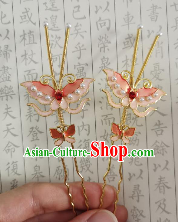 Chinese Women Classical Ming Dynasty Hairpin Handmade Ancient Princess Hanfu Hair Accessories Pink Butterfly Hair Clip