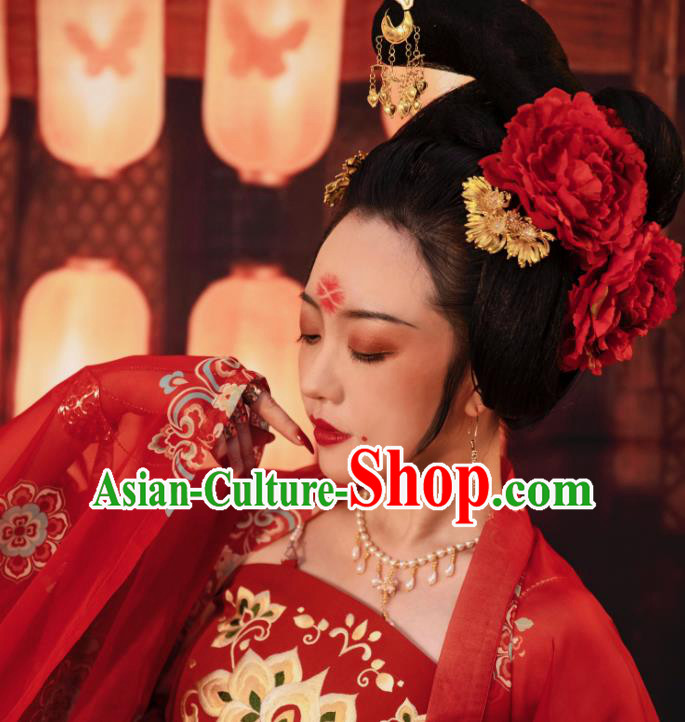 Chinese Women Classical Tang Dynasty Red Peony Hairpin Handmade Ancient Princess Hanfu Hair Accessories Hair Clips Complete Set