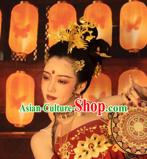 Chinese Women Classical Dance Golden Hairpin Handmade Ancient Princess Hanfu Hair Accessories Phoenix Hair Crown Complete Set