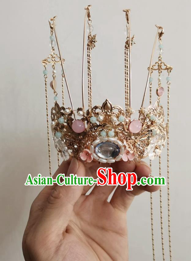 Chinese Tang Dynasty Classical Pearls Phoenix Coronet Hairpin Handmade Ancient Princess Hanfu Hair Accessories Women Golden Tassel Hair Crown