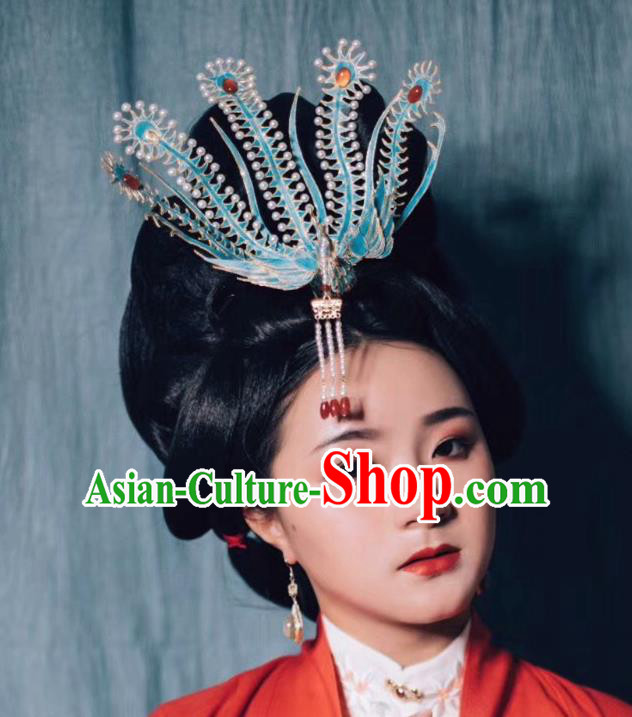Chinese Ming Dynasty Classical Phoenix Hairpin Handmade Ancient Empress Hanfu Hair Accessories Court Women Tassel Hair Crown