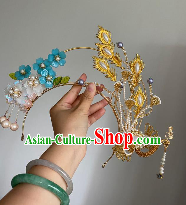 Chinese Ming Dynasty Hair Crown Classical Hairpin Handmade Ancient Empress Hanfu Hair Accessories Court Women Golden Phoenix Hair Clasp