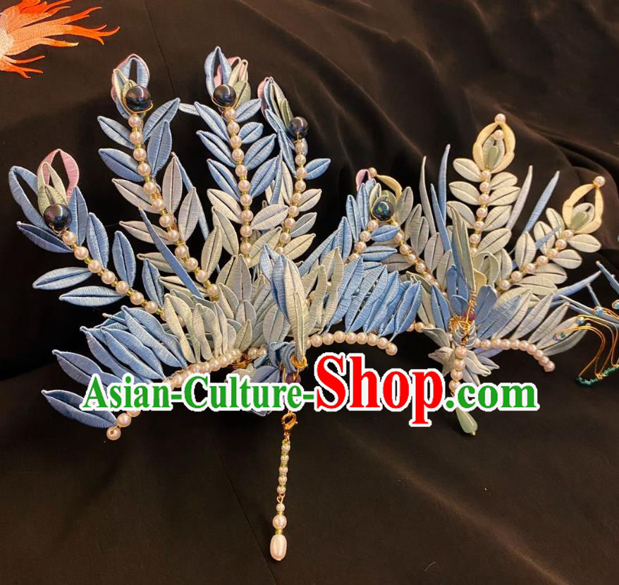 Chinese Ming Dynasty Silk Phoenix Hairpin Handmade Classical Ancient Empress Hanfu Hair Accessories Court Women Pearls Tassel Hair Crown