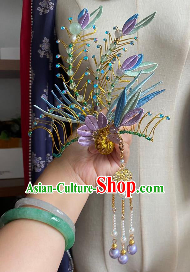 Chinese Ming Dynasty Beads Hairpin Handmade Classical Ancient Empress Hanfu Hair Accessories Court Women Silk Phoenix Hair Crown