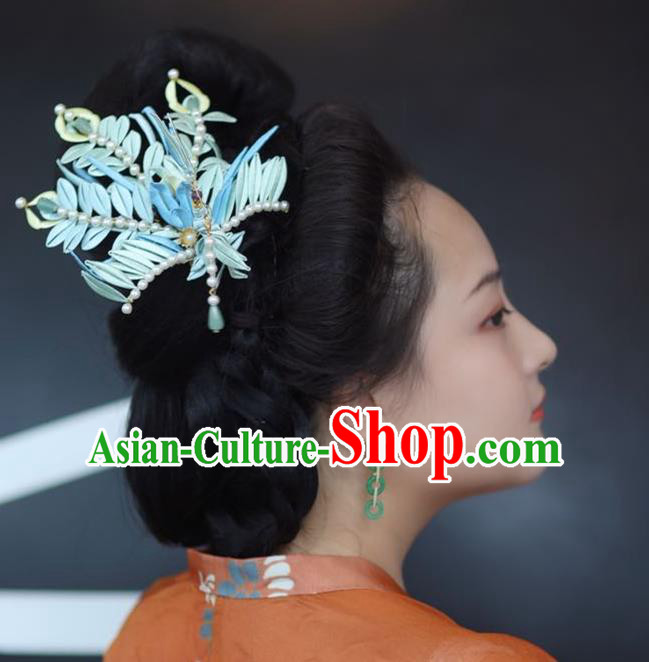 Chinese Ming Dynasty Pearls Hairpin Handmade Classical Ancient Empress Hanfu Hair Accessories Court Women Blue Silk Phoenix Hair Crown