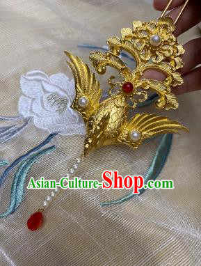 Chinese Song Dynasty Queen Golden Phoenix Hairpin Handmade Ancient Empress Hanfu Hair Accessories Court Women Pearls Tassel Hair Clip