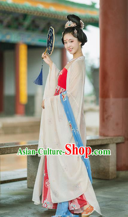 Chinese Ancient Court Princess Hanfu Dress Traditional Apparels Tang Dynasty Garment Beige Cloak and Red Dress Costumes