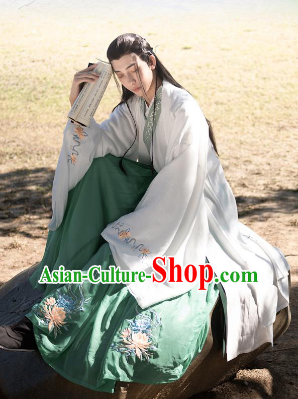 Chinese Ancient Prince Hanfu Apparels Traditional Costumes Han Dynasty Scholar Garment Embroidered Cloak Shirt and Skirt Complete Set