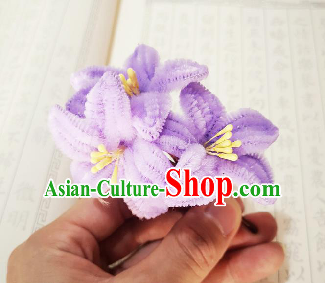 Chinese Ancient Princess Purple Velvet Hairpins Hair Accessories Handmade Qing Dynasty Palace Lady Lily Flowers Hair Stick