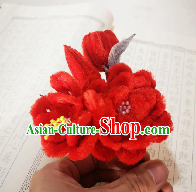 Chinese Ancient Princess Red Velvet Flowers Hairpins Hair Accessories Handmade Qing Dynasty Palace Lady Camellia Hair Stick