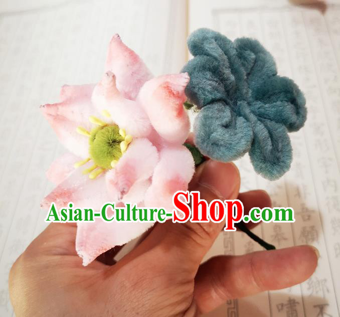 Chinese Ancient Princess Pink Velvet Lotus Hairpins Hair Accessories Handmade Qing Dynasty Court Hair Stick