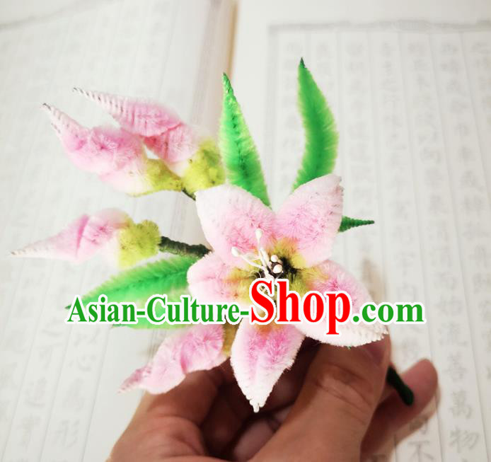Chinese Ancient Princess Pink Velvet Flowers Hairpins Hair Accessories Handmade Qing Dynasty Court Lily Flowers Hair Stick