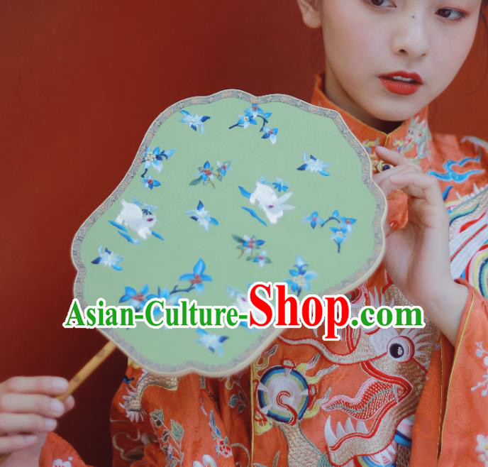 Chinese Classical Ancient Hanfu Green Silk Fan Ming Dynasty Princess Embroidered Palace Fans