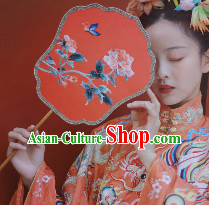 Chinese Classical Ancient Hanfu Red Silk Fan Ming Dynasty Princess Embroidered Peony Butterfly Palace Fans