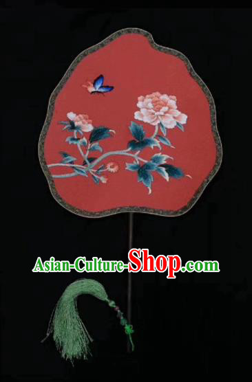 Chinese Classical Ancient Hanfu Red Peach Shape Silk Fan Ming Dynasty Princess Embroidered Peony Butterfly Palace Fans