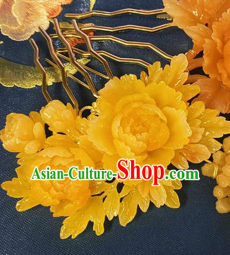 Chinese Ancient Princess Yellow Peony Hairpins Hair Accessories Handmade Kimono Courtesan Hair Comb