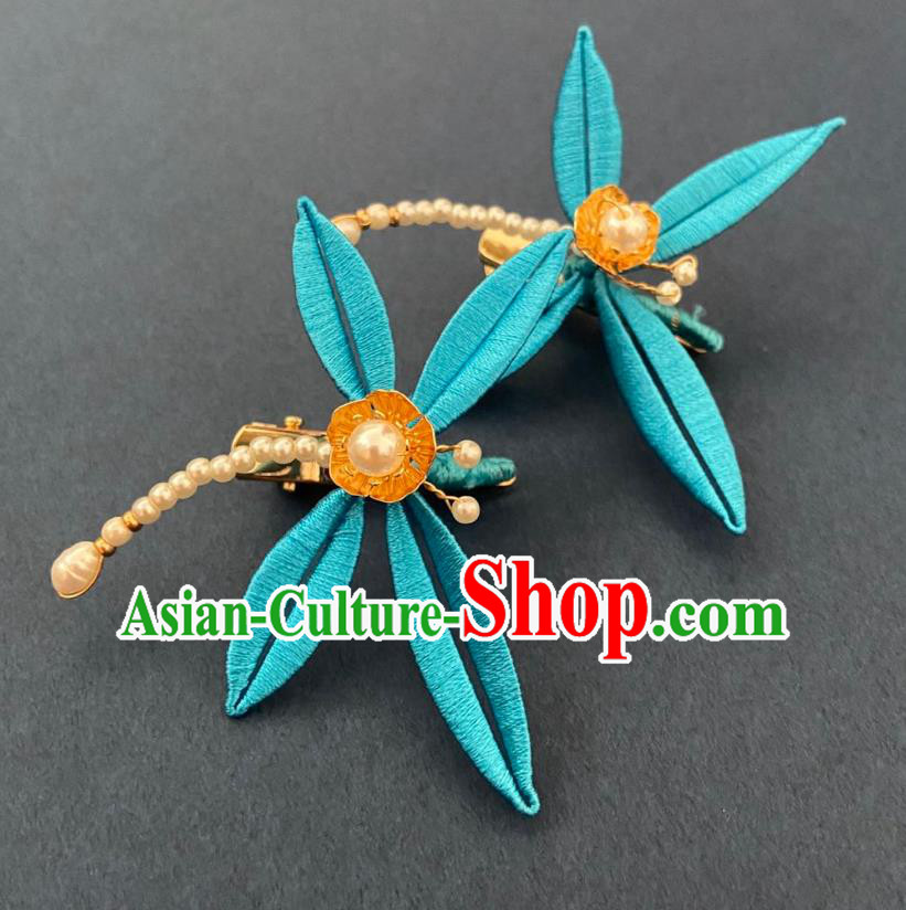 Chinese Ancient Princess Pearls Hairpins Hair Accessories Handmade Song Dynasty Blue Silk Dragonfly Hair Sticks