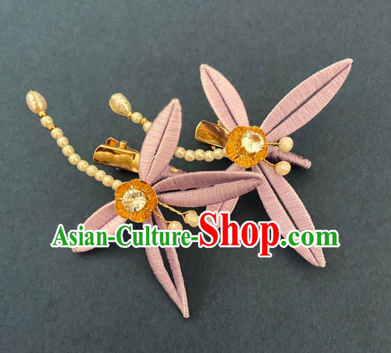 Chinese Ancient Princess Pearls Hairpins Hair Accessories Handmade Song Dynasty Lilac Silk Dragonfly Hair Sticks