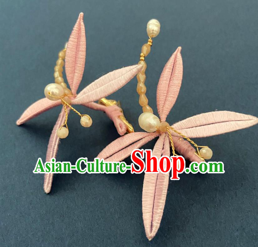 Chinese Ancient Princess Beads Hairpins Hair Accessories Handmade Song Dynasty Pink Silk Dragonfly Hair Sticks