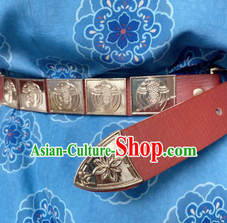 Chinese Classical Ancient Hanfu Red Leather Belt Tang Dynasty Swordsman Waistband Accessories